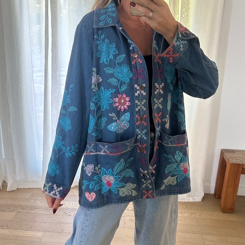 NWT Johnny Was Blue Floral Embroidered Jean Jacket